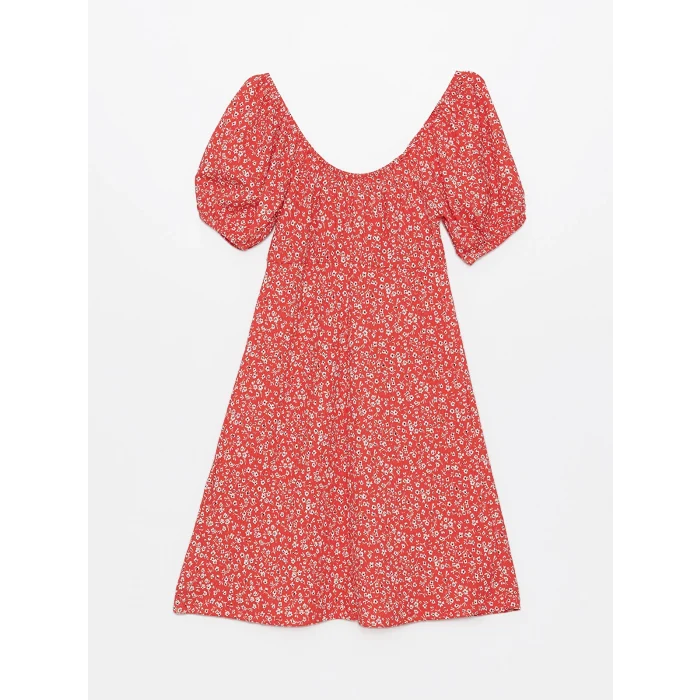 XSIDE KIRMIZI Kayık Yaka Desenli Kısa Kollu Kadın Elbise