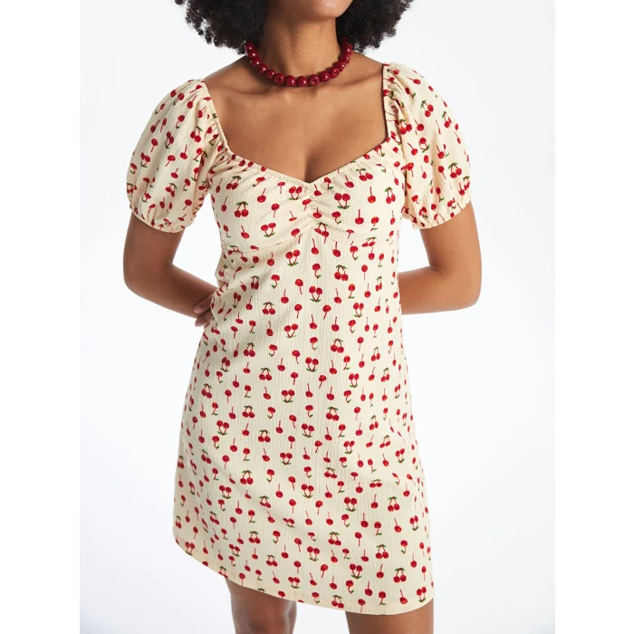 XSIDE BEJ Kalp Yaka Desenli Kısa Kollu Kadın Elbise