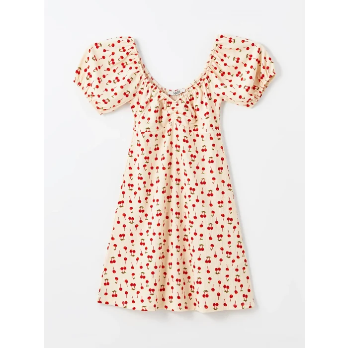 XSIDE BEJ Kalp Yaka Desenli Kısa Kollu Kadın Elbise