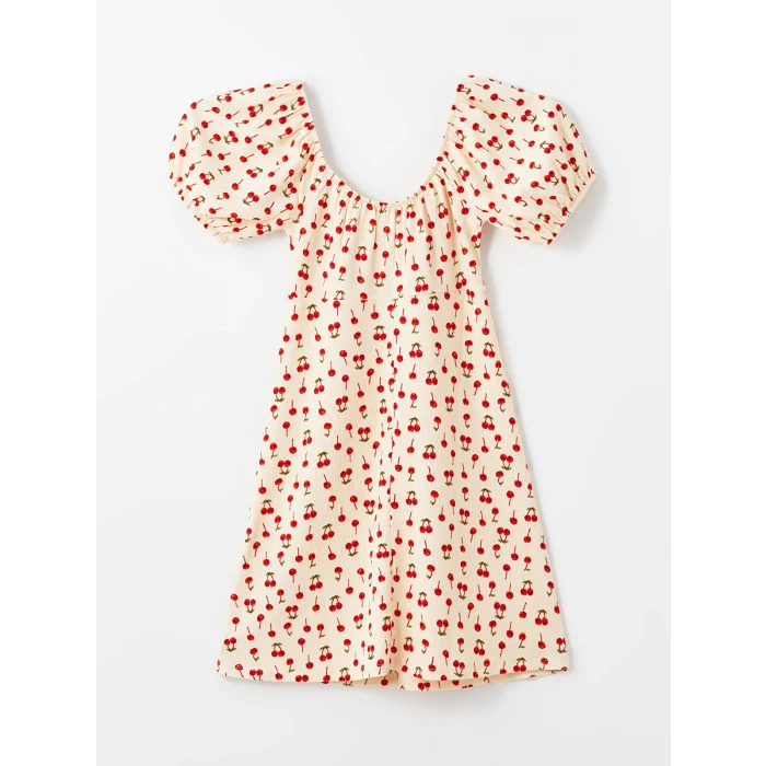 XSIDE BEJ Kalp Yaka Desenli Kısa Kollu Kadın Elbise