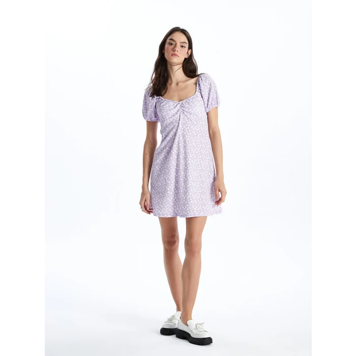 XSIDE LİLA Kalp Yaka Çiçekli Kısa Kollu Kadın Elbise