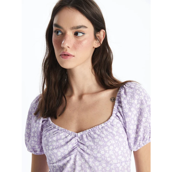 XSIDE LİLA Kalp Yaka Çiçekli Kısa Kollu Kadın Elbise