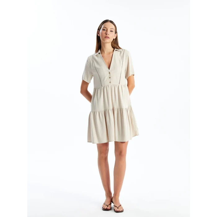 LCW Vision EKRU Gömlek Yaka Nakışlı Kısa Kollu Keten Karışımlı Kadın Elbise