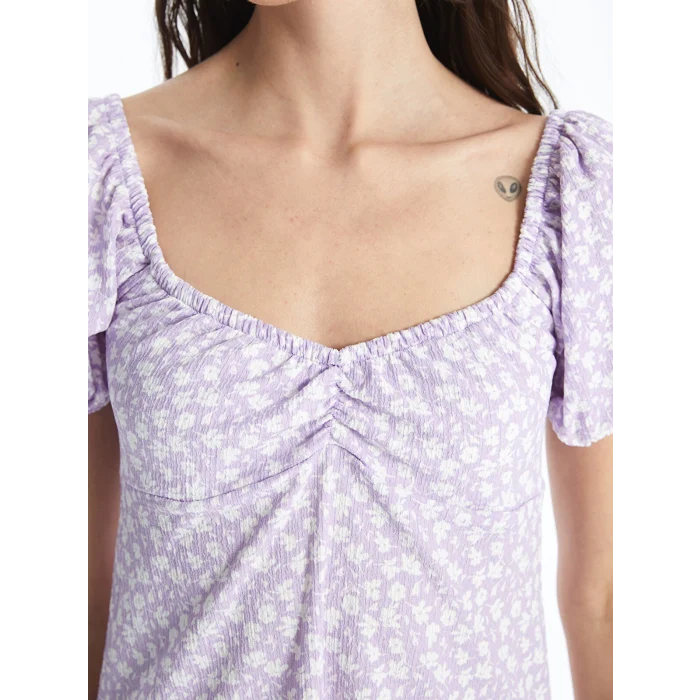 XSIDE LİLA Kalp Yaka Çiçekli Kısa Kollu Kadın Elbise