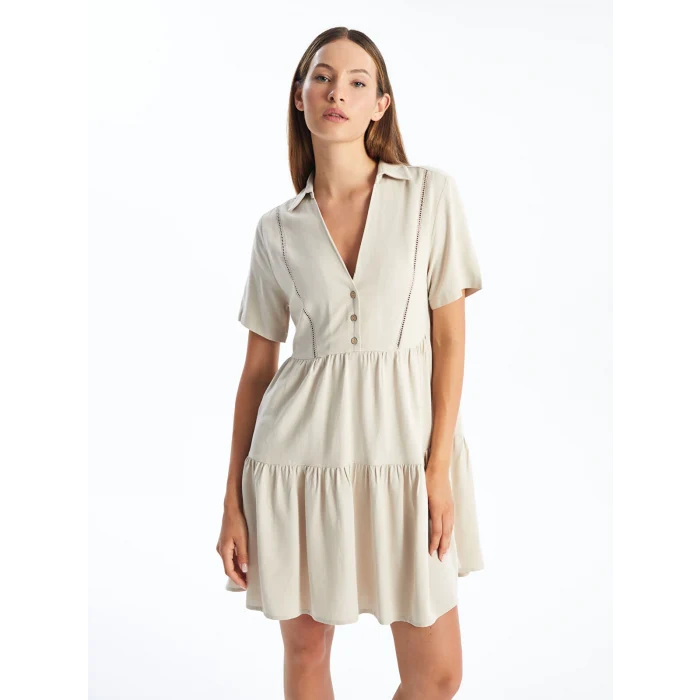 LCW Vision EKRU Gömlek Yaka Nakışlı Kısa Kollu Keten Karışımlı Kadın Elbise