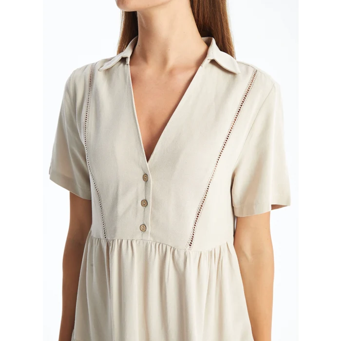 LCW Vision EKRU Gömlek Yaka Nakışlı Kısa Kollu Keten Karışımlı Kadın Elbise