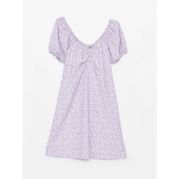 XSIDE LİLA Kalp Yaka Çiçekli Kısa Kollu Kadın Elbise