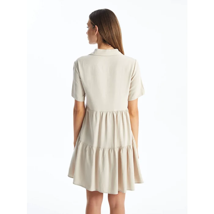 LCW Vision EKRU Gömlek Yaka Nakışlı Kısa Kollu Keten Karışımlı Kadın Elbise