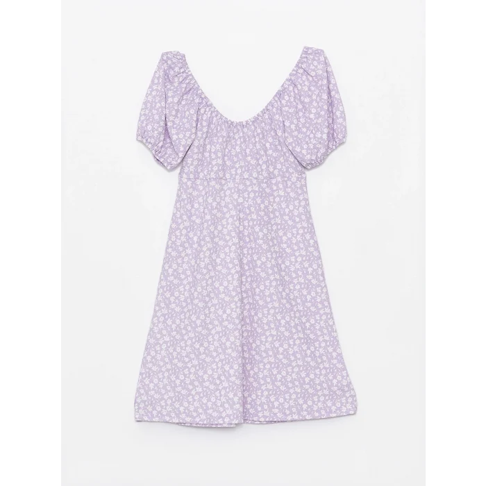 XSIDE LİLA Kalp Yaka Çiçekli Kısa Kollu Kadın Elbise