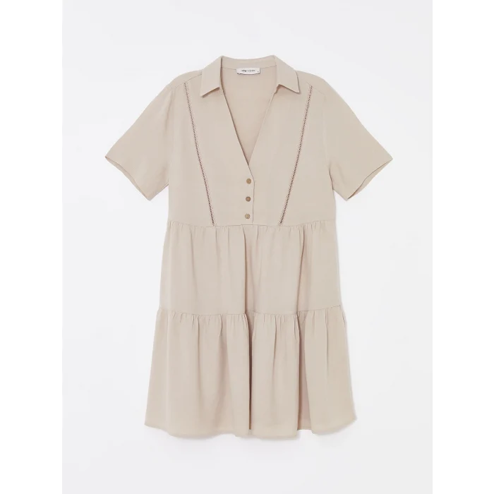 LCW Vision EKRU Gömlek Yaka Nakışlı Kısa Kollu Keten Karışımlı Kadın Elbise