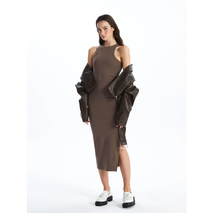 XSIDE KAHVERENGİ Kadın Halter Yaka Düz Bodycon Elbise