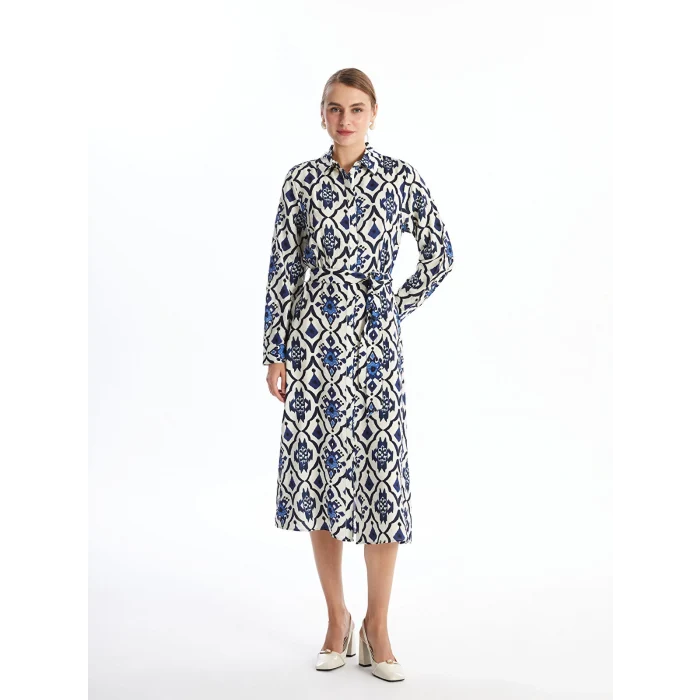 LCWAIKIKI Classic MAVİ Desenli Uzun Kollu Kadın Gömlek Elbise