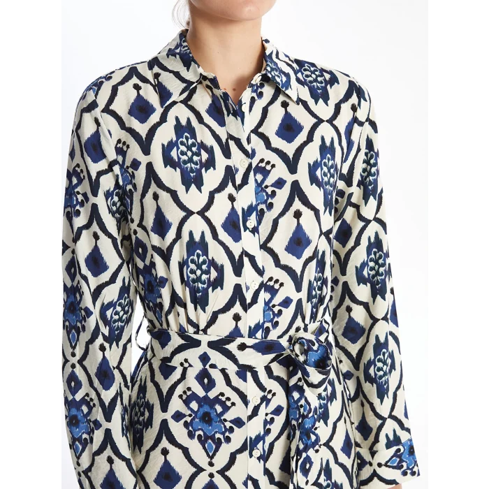 LCWAIKIKI Classic MAVİ Desenli Uzun Kollu Kadın Gömlek Elbise