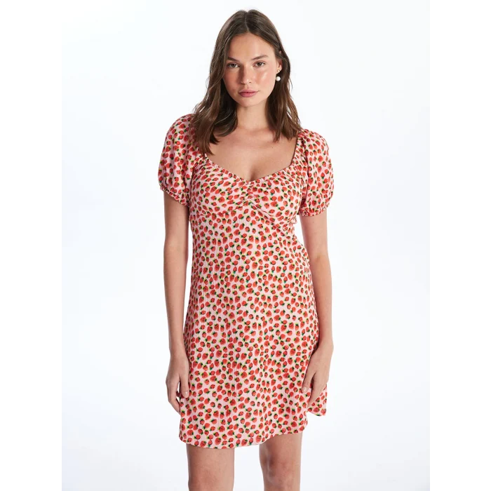 XSIDE PEMBE Kalp Yaka Desenli Kısa Kollu Kadın Elbise