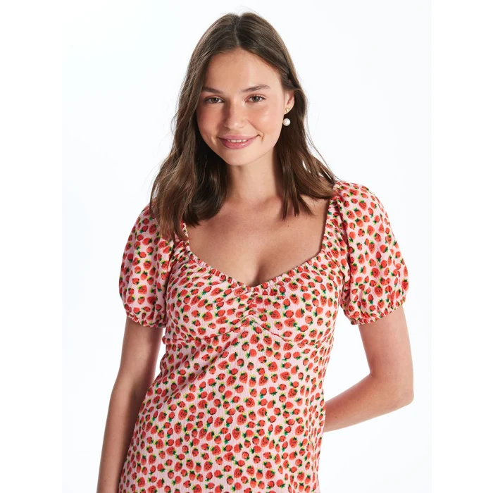 XSIDE PEMBE Kalp Yaka Desenli Kısa Kollu Kadın Elbise