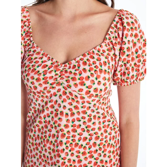 XSIDE PEMBE Kalp Yaka Desenli Kısa Kollu Kadın Elbise