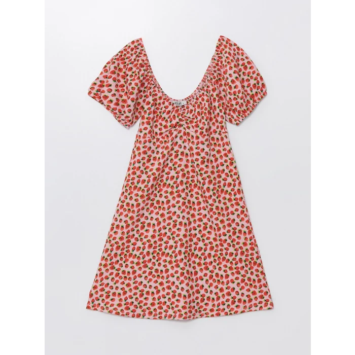 XSIDE PEMBE Kalp Yaka Desenli Kısa Kollu Kadın Elbise