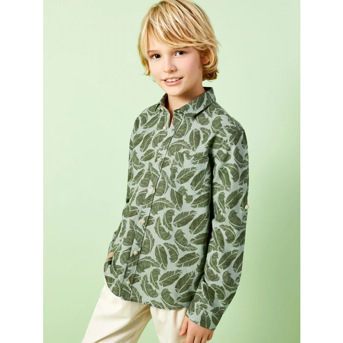 LCW Kids YEŞİL Desenli Uzun Kollu Erkek Çocuk Gömlek