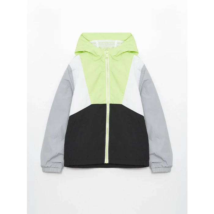 LCW Kids YEŞİL Kapüşonlu Renk Bloklu Erkek Çocuk Yağmurluk