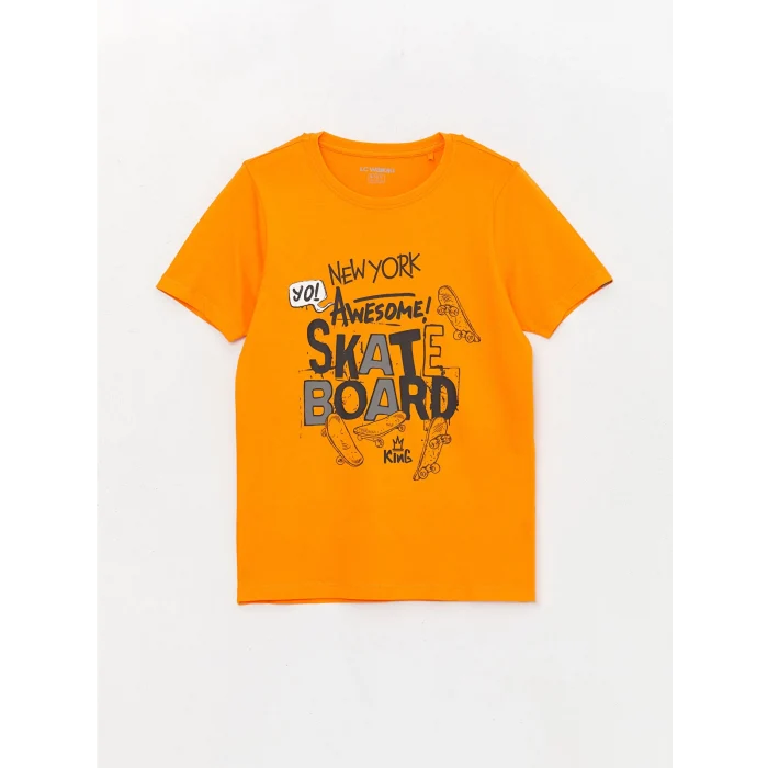 LCW Kids TURUNCU Bisiklet Yaka Baskılı Kısa Kollu Erkek Çocuk Pijama Takımı