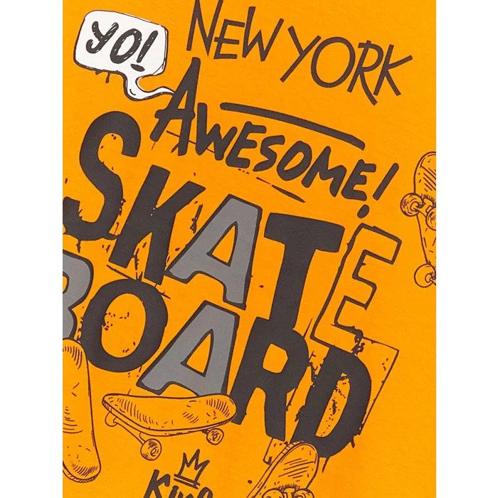 LCW Kids TURUNCU Bisiklet Yaka Baskılı Kısa Kollu Erkek Çocuk Pijama Takımı