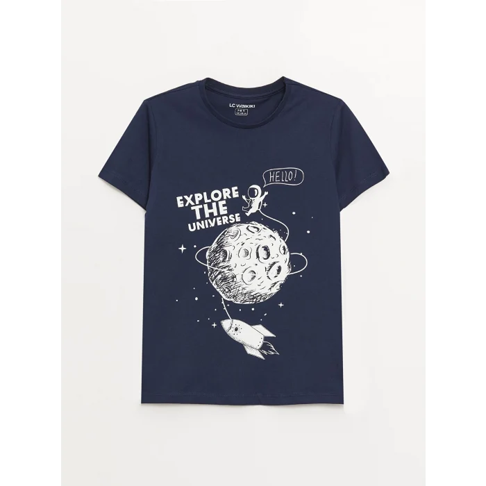 LCW Kids LACİVERT Bisiklet Yaka Baskılı Kısa Kollu Erkek Çocuk Pijama Takımı