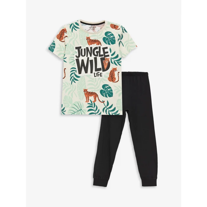 LCW Kids BEJ Bisiklet Yaka Baskılı Kısa Kollu Erkek Çocuk Pijama Takımı