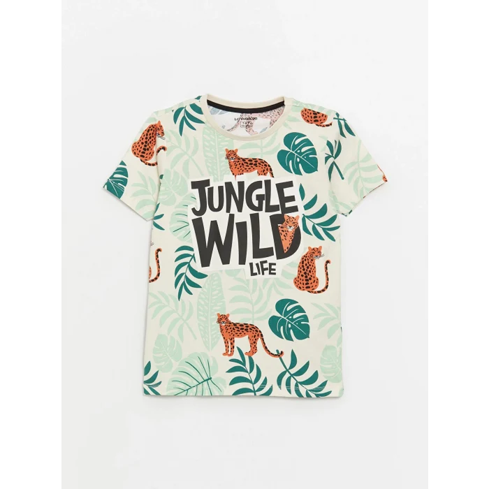 LCW Kids BEJ Bisiklet Yaka Baskılı Kısa Kollu Erkek Çocuk Pijama Takımı