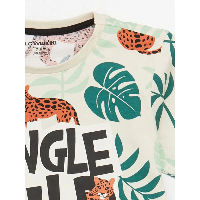 LCW Kids BEJ Bisiklet Yaka Baskılı Kısa Kollu Erkek Çocuk Pijama Takımı