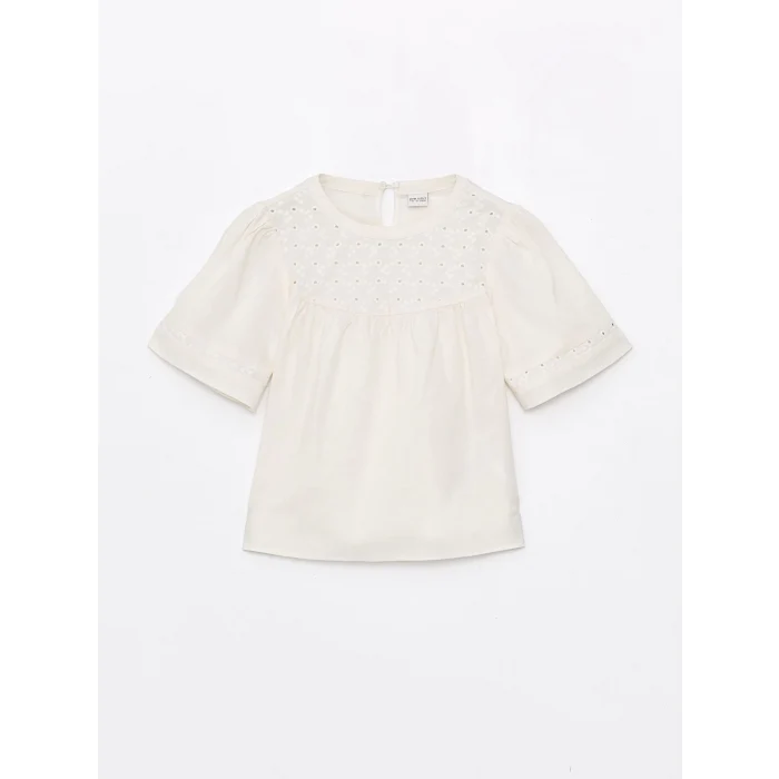 LCW Kids EKRU Bisiklet Yaka Fisto Detaylı Kısa Kollu Kız Çocuk Bluz