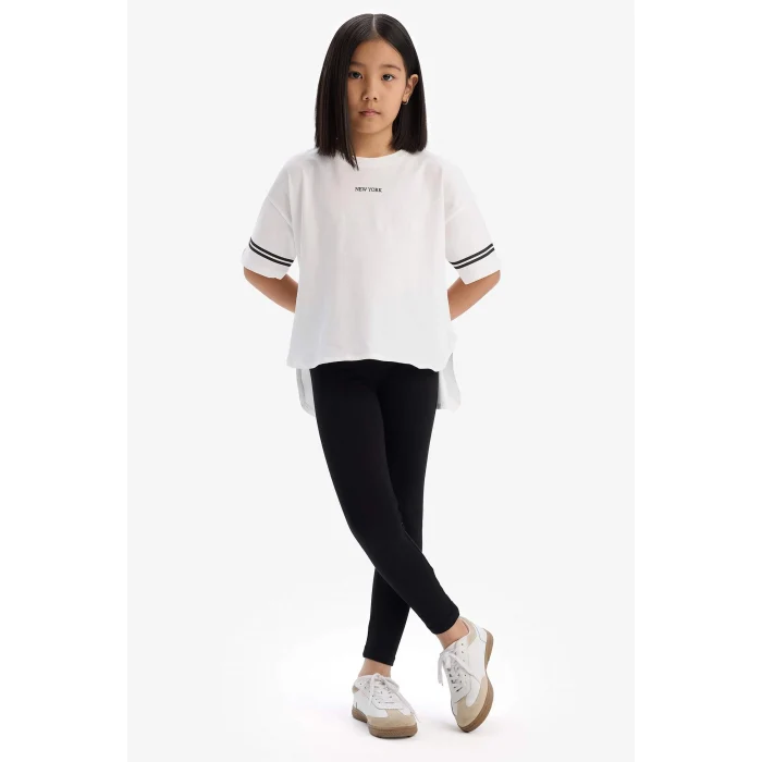 Defacto E3815 Ekru Kız Çocuk 2li Takım Kısa Kollu Baskılı Tişört Tayt