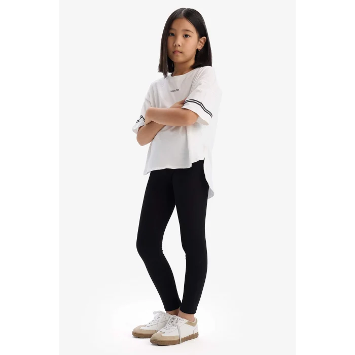 Defacto E3815 Ekru Kız Çocuk 2li Takım Kısa Kollu Baskılı Tişört Tayt