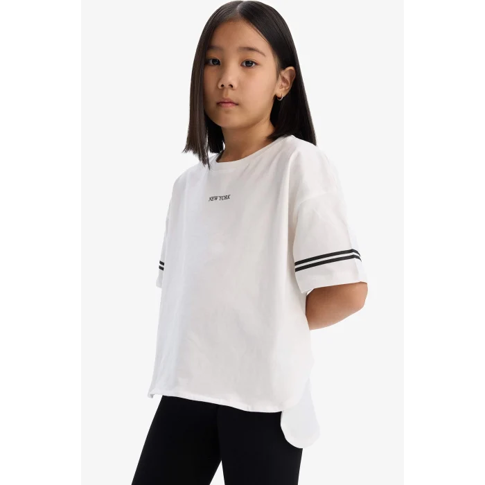 Defacto E3815 Ekru Kız Çocuk 2li Takım Kısa Kollu Baskılı Tişört Tayt