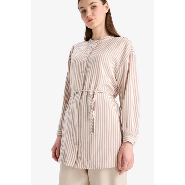 Defacto E5360 Kahve Relax Fit Çizgili Uzun Kollu Bağcıklı Gömlek Tunik