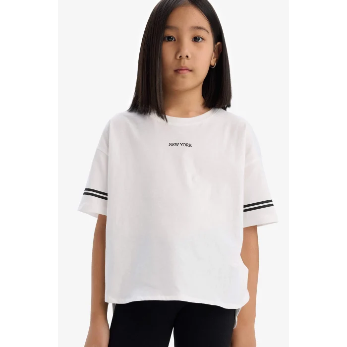 Defacto E3815 Ekru Kız Çocuk 2li Takım Kısa Kollu Baskılı Tişört Tayt