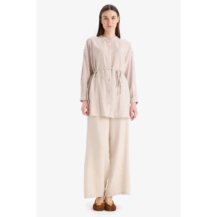 Defacto E5360 Kahve Relax Fit Çizgili Uzun Kollu Bağcıklı Gömlek Tunik