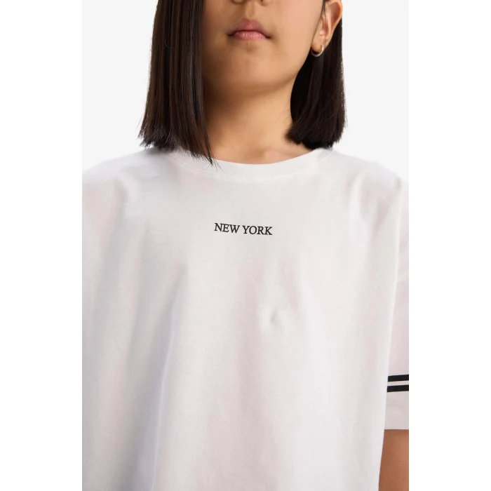 Defacto E3815 Ekru Kız Çocuk 2li Takım Kısa Kollu Baskılı Tişört Tayt