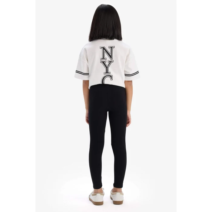 Defacto E3815 Ekru Kız Çocuk 2li Takım Kısa Kollu Baskılı Tişört Tayt