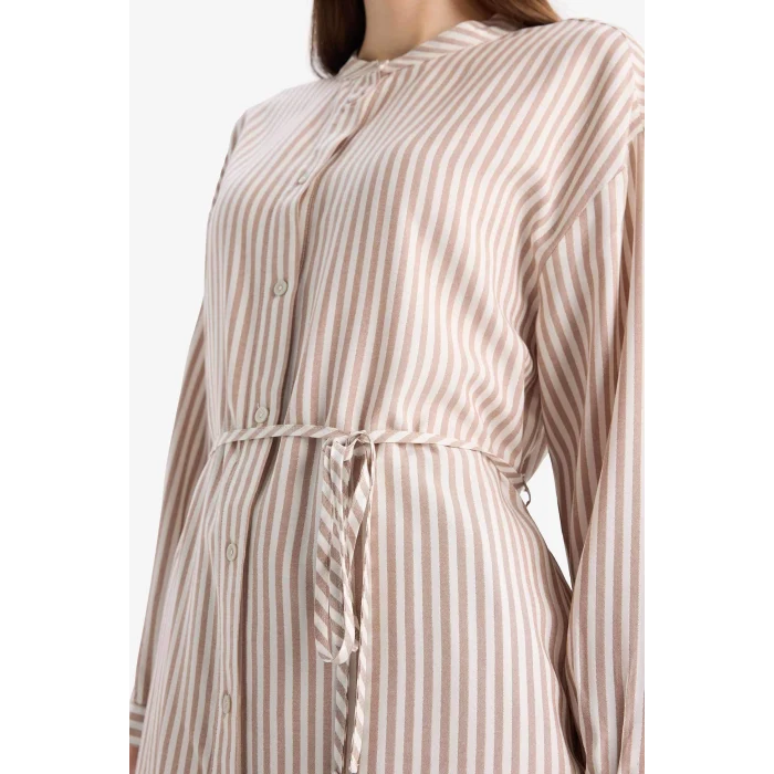 Defacto E5360 Kahve Relax Fit Çizgili Uzun Kollu Bağcıklı Gömlek Tunik