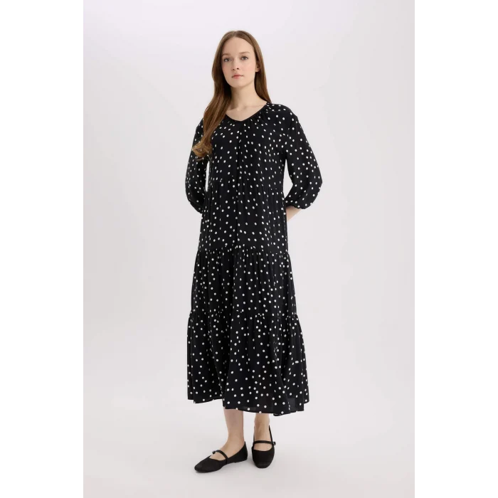 Defacto E8302 Siyah Regular Fit Desenli V Yaka Uzun Kollu Maxi Elbise