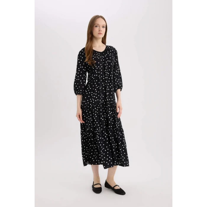Defacto E8302 Siyah Regular Fit Desenli V Yaka Uzun Kollu Maxi Elbise