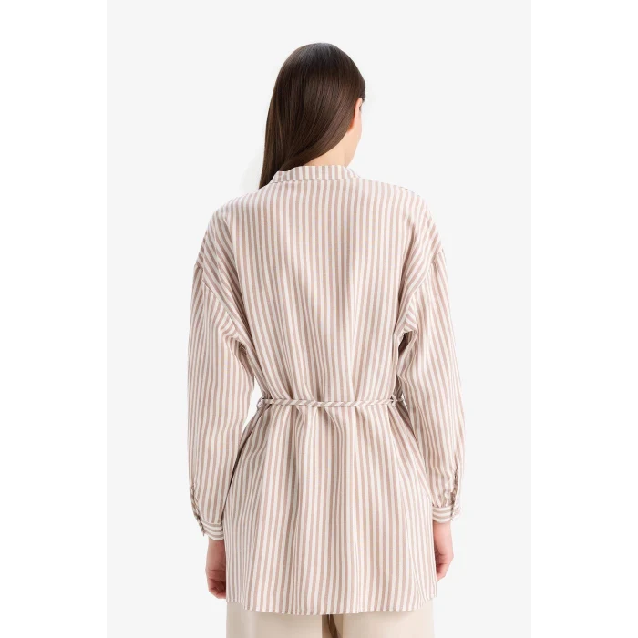 Defacto E5360 Kahve Relax Fit Çizgili Uzun Kollu Bağcıklı Gömlek Tunik