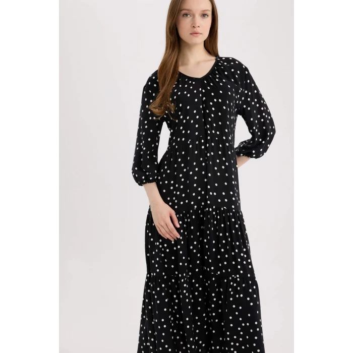 Defacto E8302 Siyah Regular Fit Desenli V Yaka Uzun Kollu Maxi Elbise