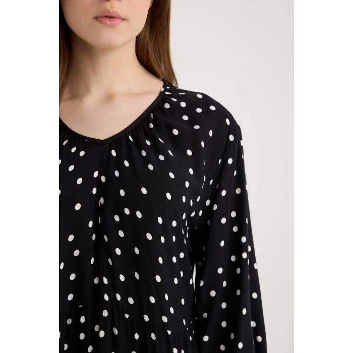 Defacto E8302 Siyah Regular Fit Desenli V Yaka Uzun Kollu Maxi Elbise