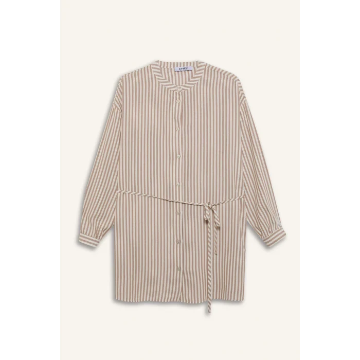 Defacto E5360 Kahve Relax Fit Çizgili Uzun Kollu Bağcıklı Gömlek Tunik