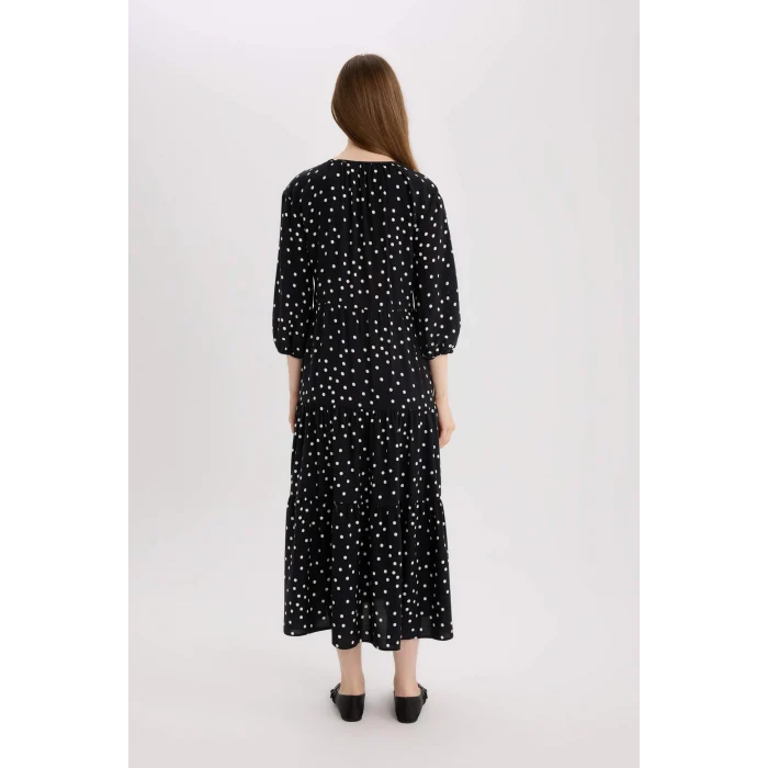 Defacto E8302 Siyah Regular Fit Desenli V Yaka Uzun Kollu Maxi Elbise
