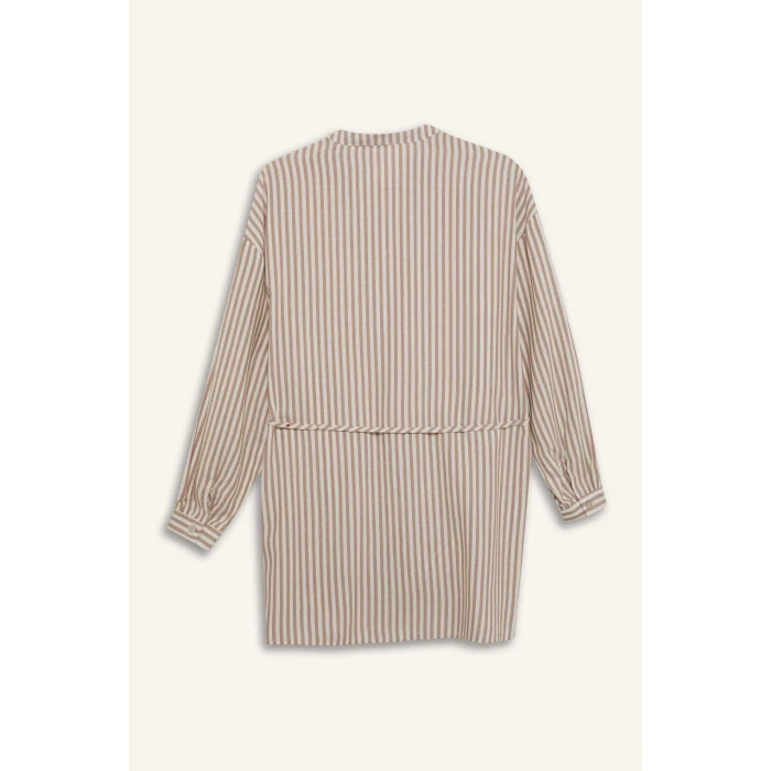 Defacto E5360 Kahve Relax Fit Çizgili Uzun Kollu Bağcıklı Gömlek Tunik