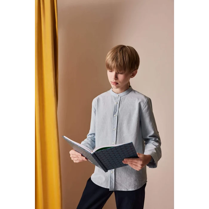 Defacto Z1035 Mavi Erkek Çocuk 23 Nisan Çocuk Bayramı Dik Yaka Keten Görünümlü Uzun Kollu Basic Düz Gömlek