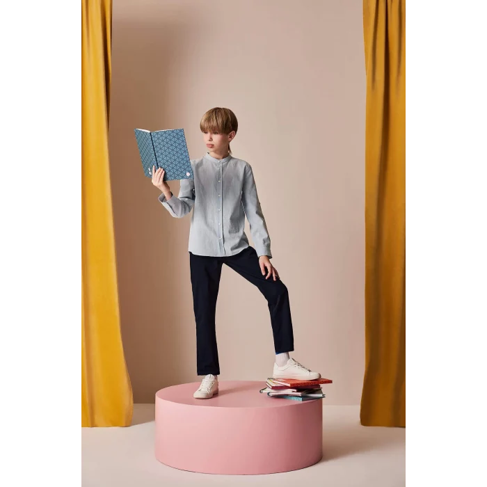 Defacto Z1035 Mavi Erkek Çocuk 23 Nisan Çocuk Bayramı Dik Yaka Keten Görünümlü Uzun Kollu Basic Düz Gömlek