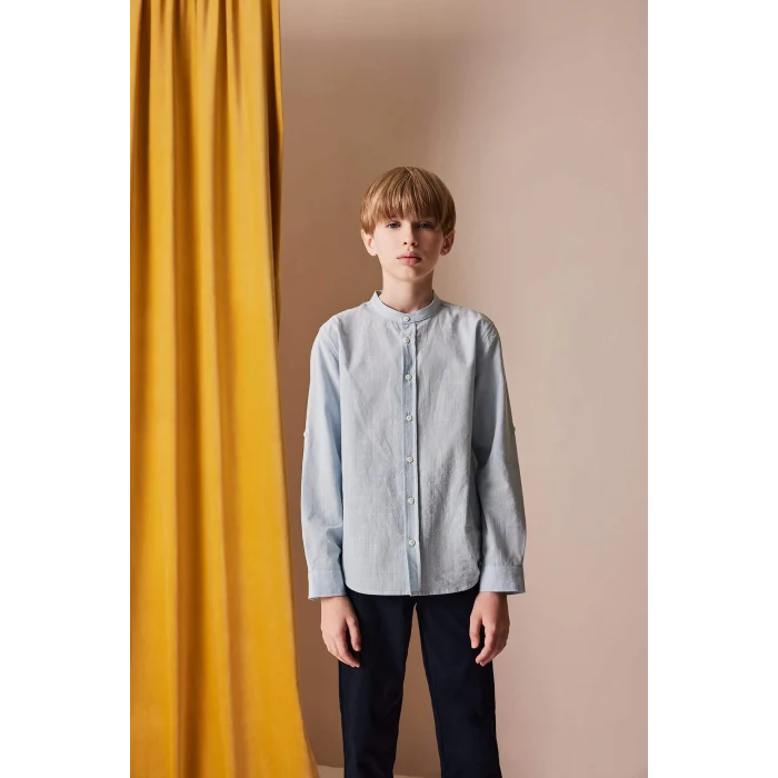 Defacto Z1035 Mavi Erkek Çocuk 23 Nisan Çocuk Bayramı Dik Yaka Keten Görünümlü Uzun Kollu Basic Düz Gömlek